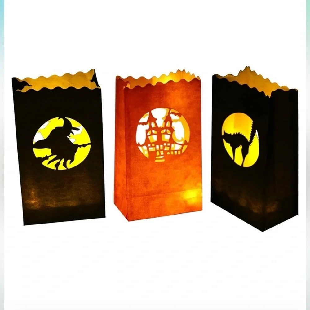 48 pc Halloween Luminary Bags Flame Resistant Witch Black Cat & Haunted House